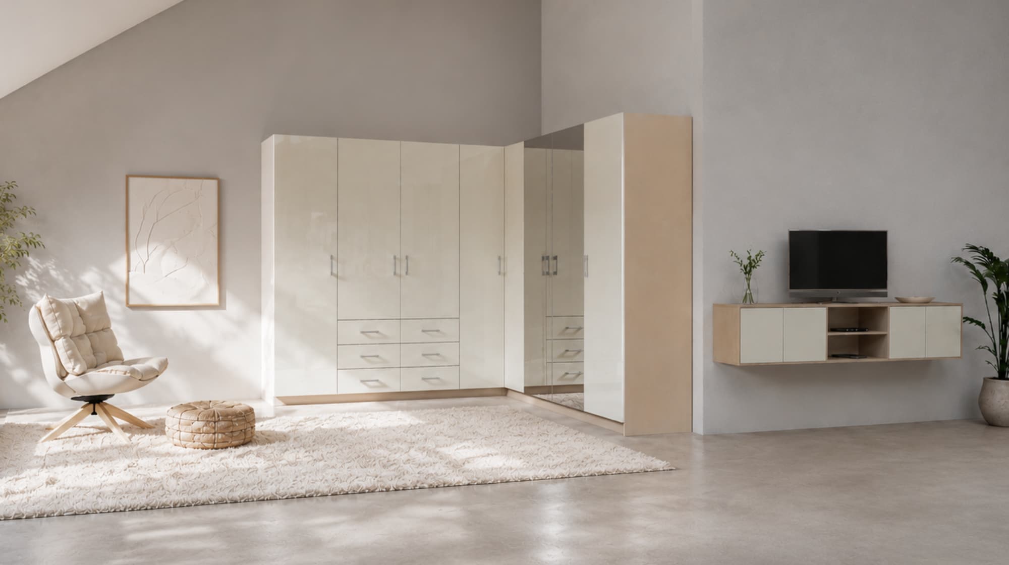 Eckschrank nach Maß in Ecru und Schneeweiß