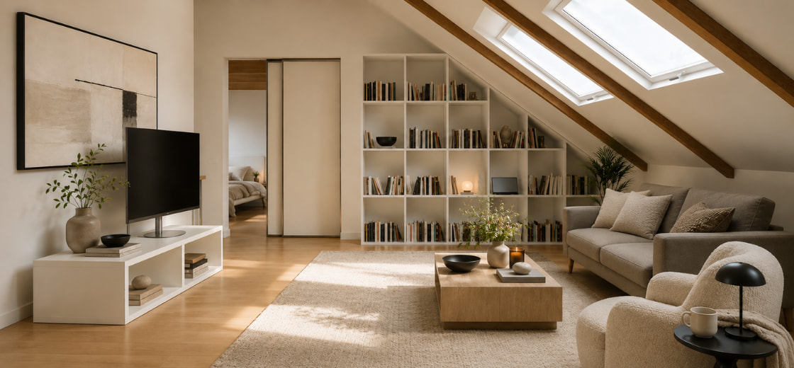 Regal mit seitlicher Schräge in Schneeweiß im Wohnzimmer