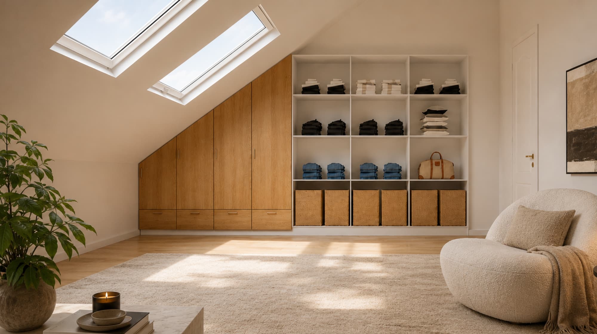 Schrank mit seitlicher Schräge in Schneeweiß und Eiche-Fronten