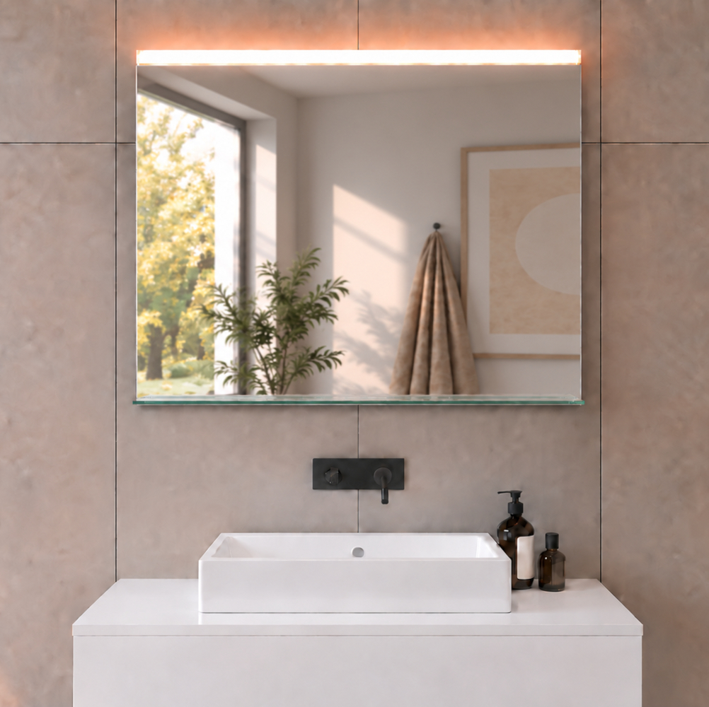 Badezimmerspiegel mit LED-Beleuchtung oben und Glasablage