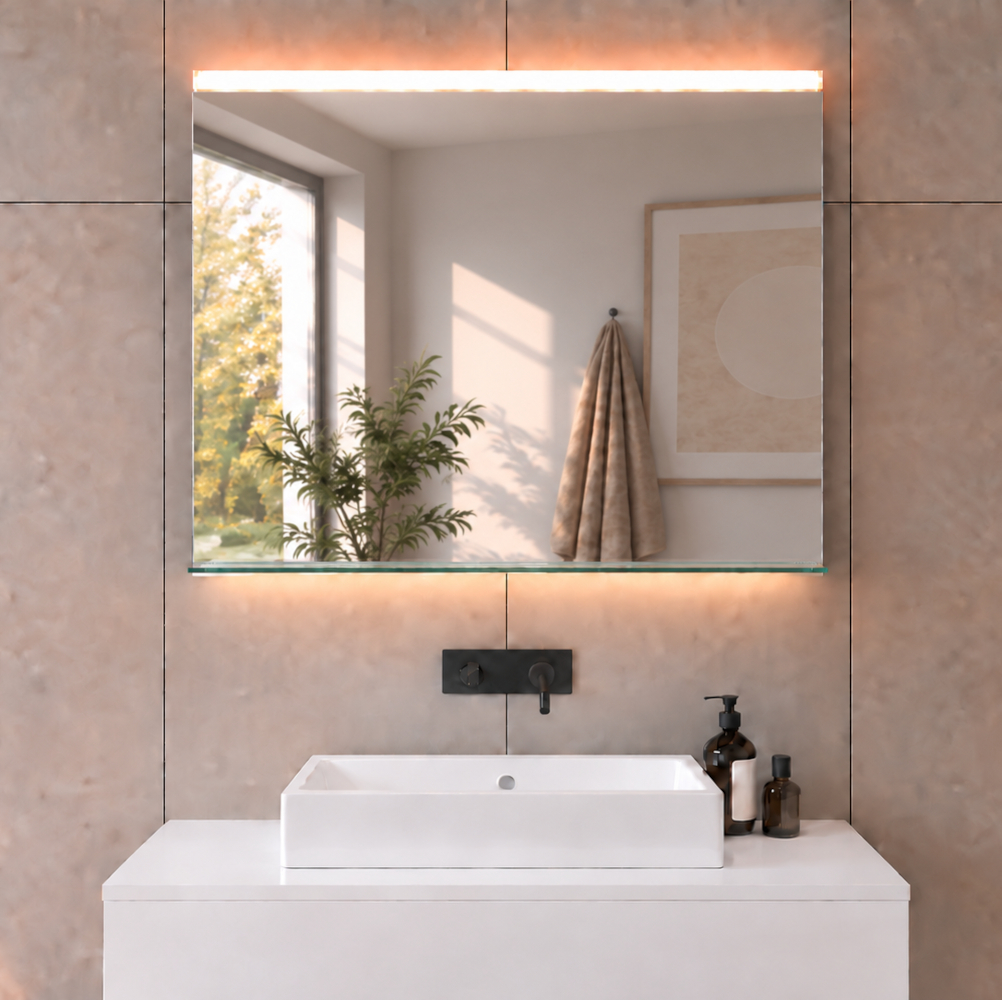 Badezimmerspiegel mit LED-Beleuchtung oben und unten und Glasablage