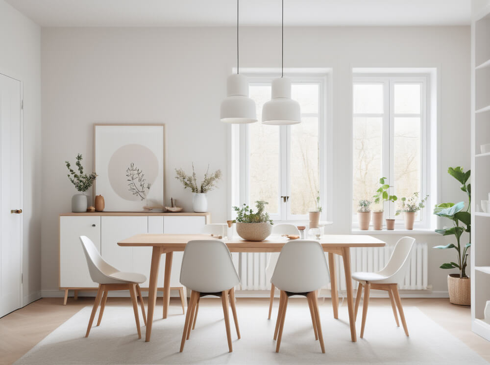 Skandinavisches Esszimmer in hellen Farben mit Hauspflanzen und dekorativen Gegenständen für eine einladende und natürliche Atmosphäre.