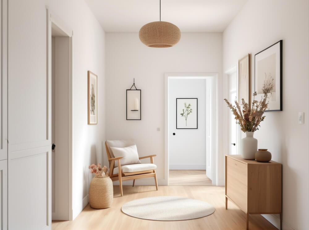 Heller, luftiger Flur im skandinavischen Design mit hellem Holz-Sessel, minimalistischer Holzkommode, Vase mit Trockenblumen.