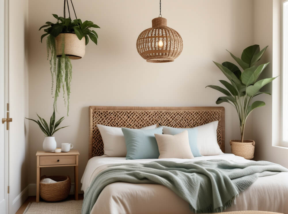 Serenes skandinavisches Schlafzimmer mit großem Bett und geflochtenem Kopfteil, Bettwäsche, Pflanzen und natürlichem Licht.
