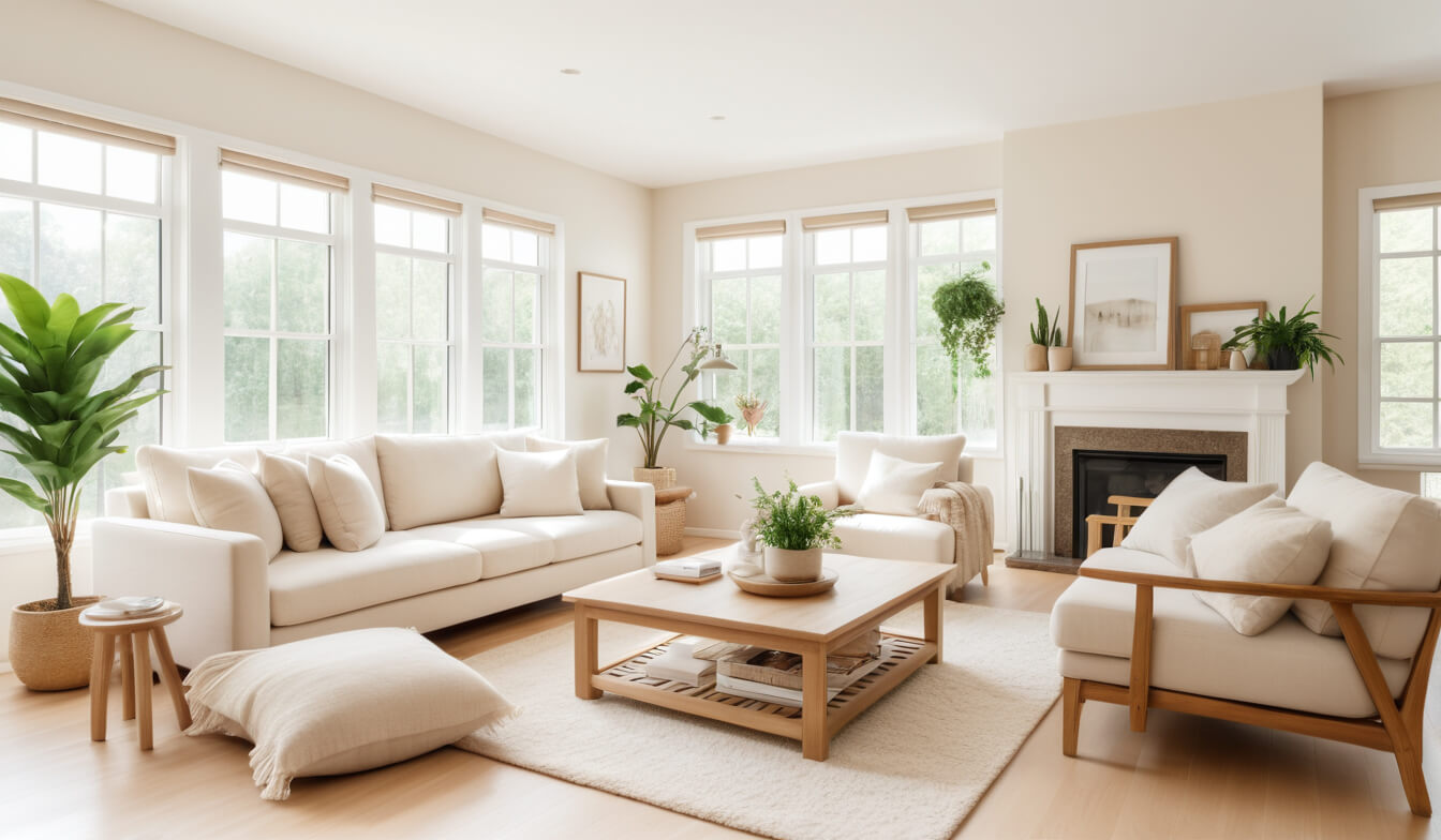 Großes, helles Wohnzimmer im Skandi-Stil mit Sofa, Sessel, Teppich, Kamin und Pflanzen.