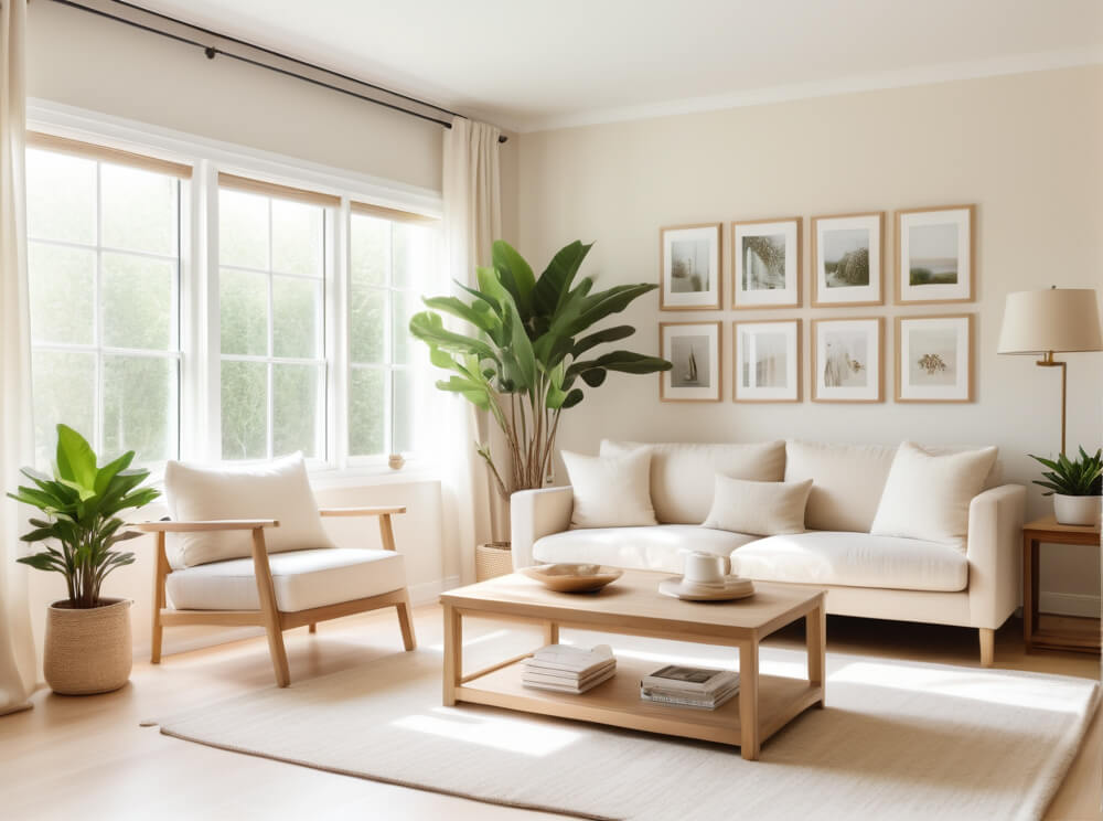 Helles und luftiges skandinavisches Wohnzimmer mit weißem Sofa, großen Fenstern, Holzmöbeln und Pflanzen.