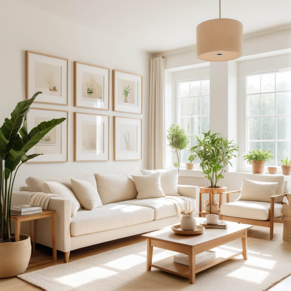 Skandinavischer Wohnbereich, der von hellem Tageslicht durchflutet wird, mit hellen Möbeln, Holzakzenten und dekorativen Pflanzen.