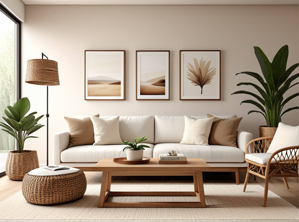 Gemütliches skandinavisches Interior mit großer Zimmerpflanze im Pflanzkorb, Rattanhocker und einer dekorativen Korb-Standlampe.