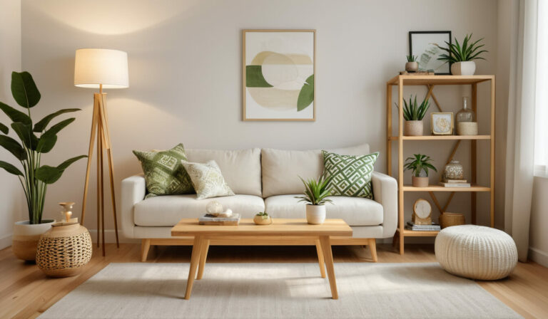 Wohnzimmer im skandinavischen Stil: Helles Sofa mit gemusterten Kissen, Couchtisch aus Holz, Stehlampe und offenes Holzregal mit Deko und Pflanzen. (Skandi-Stil)