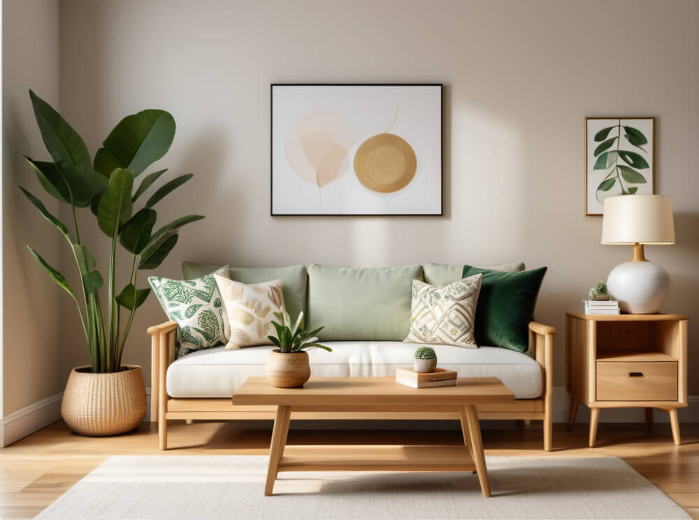 Minimalistisches skandinavisches Wohnzimmer mit Sofa, Kissen, Holztisch, Zimmerpflanzen und Deko-Objekten.