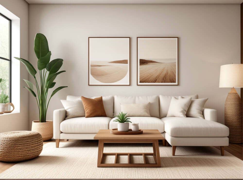 Ruhiger Wohnbereich im Skandi-Stil mit weißem Sofa, Zimmerpflanzen, Korbhocker, Rattan Stehlampe, Holztisch und hellem Teppich.