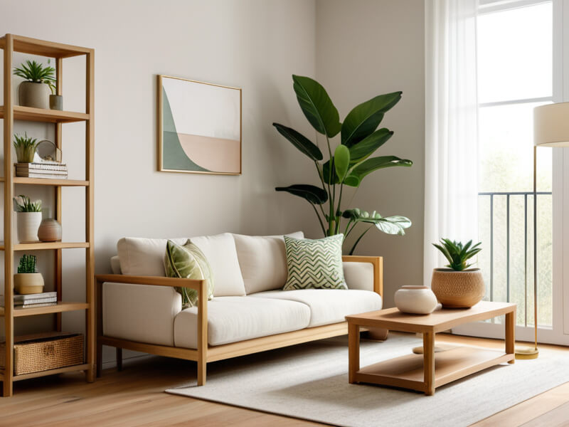 Eine gemütliche Wohnzimmerecke im skandinavischen Stil mit hellem Holzsofa, dekorativen Kissen in Weiß und Grün, Pflanzen und Holzregal mit Dekoration.