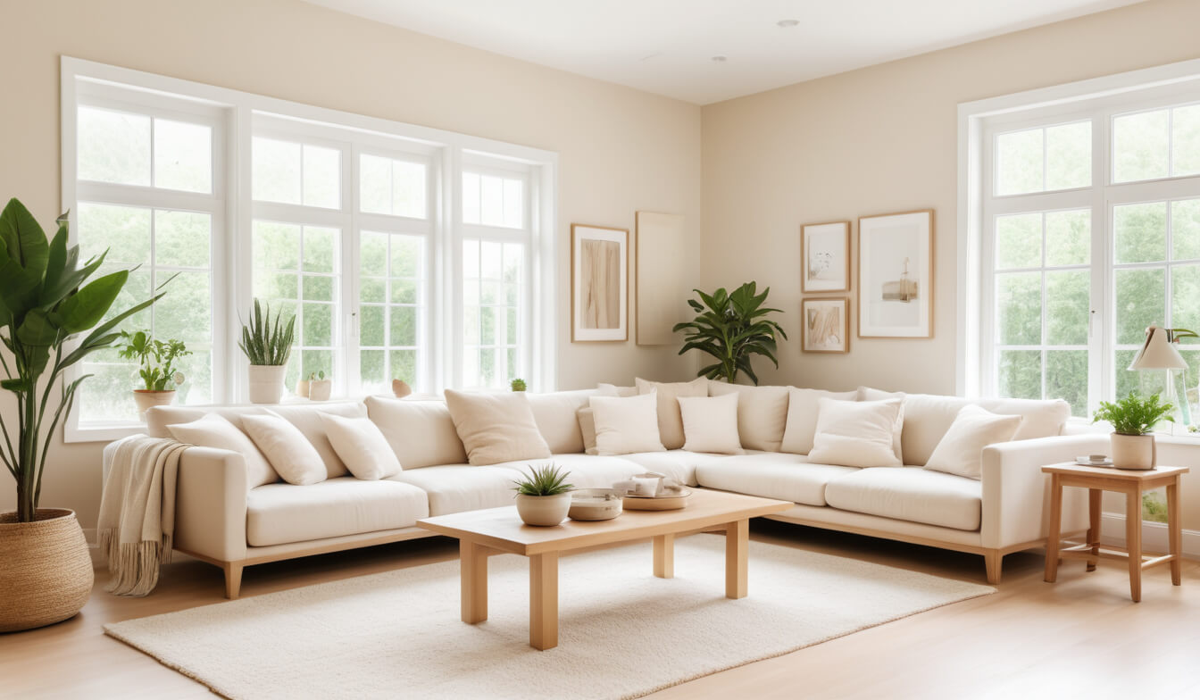 Helles und gemütliches skandinavisches Wohnzimmer in Creme und Naturtönen mit großem Ecksofa, Holztisch, Teppich und großen Fenstern.