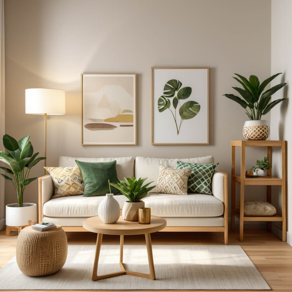 Minimalistisches skandinavisches Wohnzimmer-Interior mit Holzsofa mit hellen Polstern und Kissen, rundem Holztisch, Lampe, Teppich, Zimmerpflanzen und einem dekorierten Regal.