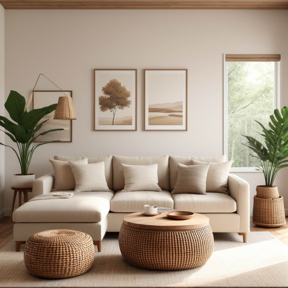 Skandinavisches Wohnzimmer mit Sofa mit hellen Polstern und Kissen, rundem Korbtisch, Korbhocker, Lampe, Teppich, Zimmerpflanzen und Bildern.