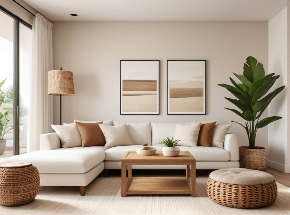 Wohnzimmer im skandinavischen Stil: Helles Sofa, Holz-Tisch, Dekoration, Rattanlampe und Hocker.