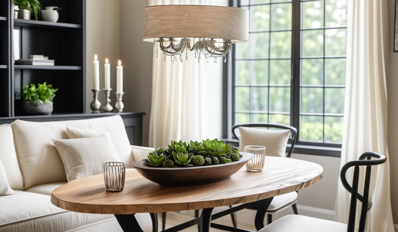 Essbereich im Landhausstil: Ovaler Holztisch mit einer dekorativen Holzschale