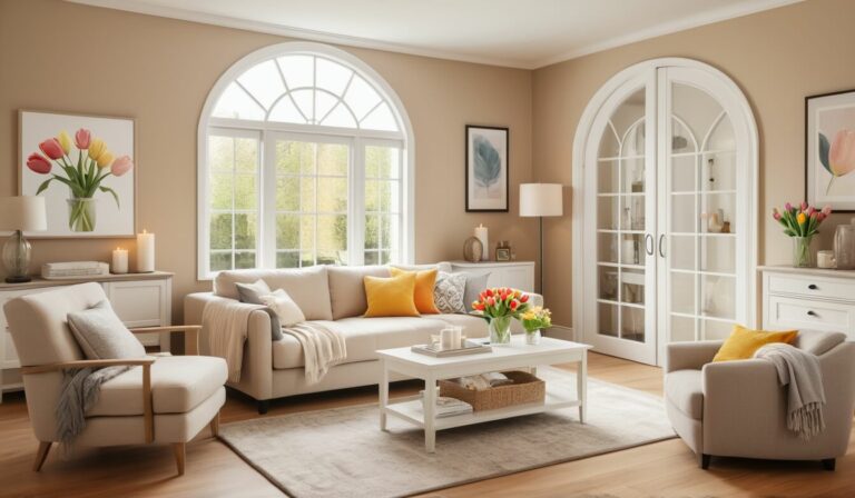 Landhaus-Wohnzimmer mit großem gewölbten Fenster