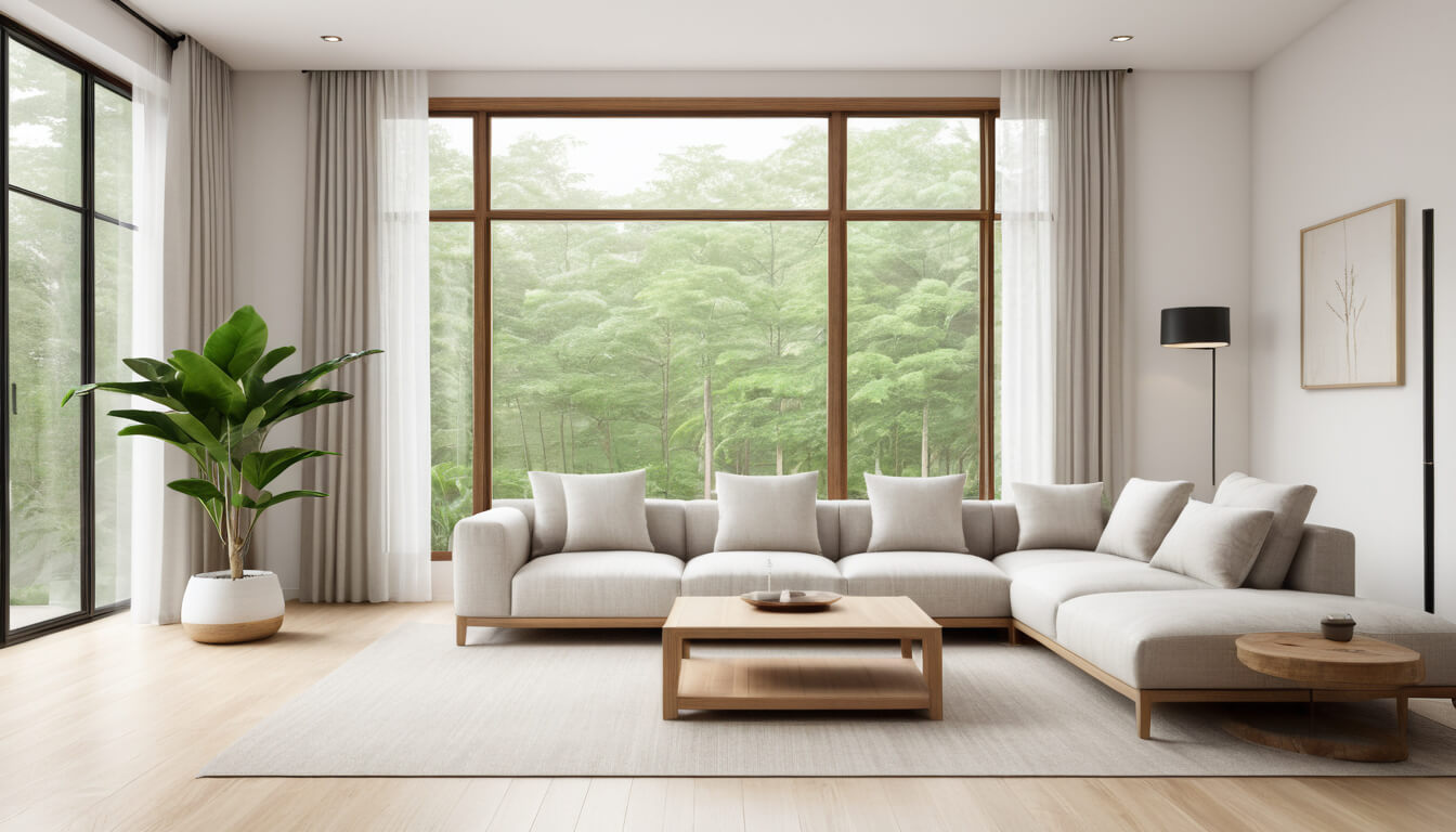 Feng Shui Wohnzimmer mit großer Fensterfront